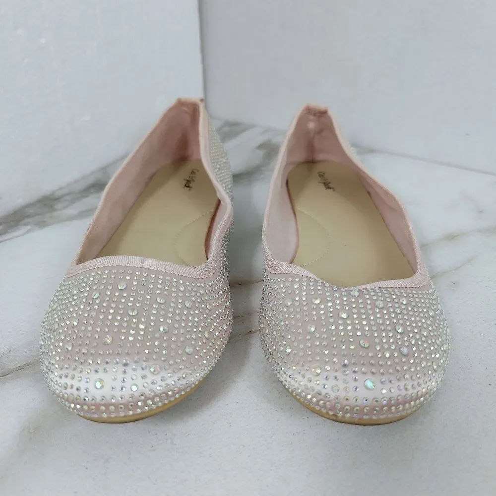Cat & Jack Girls' Pale Pink Diamante Rhinestone Sparkly Ballet Flats, Sz 5